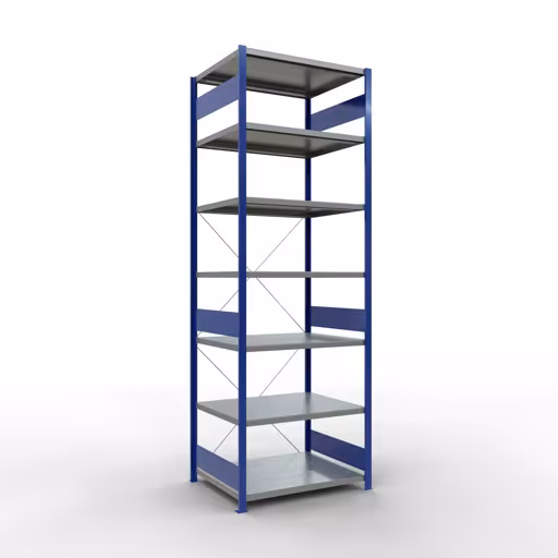 Grundregal, Fachbodenregal Stecksystem MULTIplus250, 3000 x 1000 x 800 mm (HxBxT), 7 Fachböden, Kreuzstrebe, RAL 5010 enzianblau/verzinkt aus der Kategorie Grundregal mit der Artikelnummer 12982-B