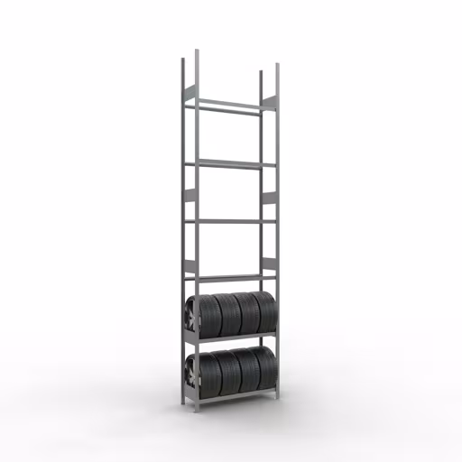 Grundregal, Räder-/Reifenregal, 4500 x 1200 x 400 mm, verzinkt, 6 Lagerebenen á 150 kg Fachlast pro Ebene aus der Kategorie Autoteilelagerung mit der GTIN 4004514265685 Grundregal, Räder-/Reifenregal, 4500 x 1200 x 400 mm, verzinkt, 6 Lagerebenen á 150 kg Fachlast pro Ebene von der Marke Schulte Lagertechnik aus der Produktreihe Fachbodenregale