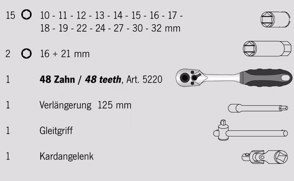 1/2" Steckschlüssel Satz 22tlg proficraft, 48 Zahn Knarre von PROJAHN mit der Artikelnr. 8661