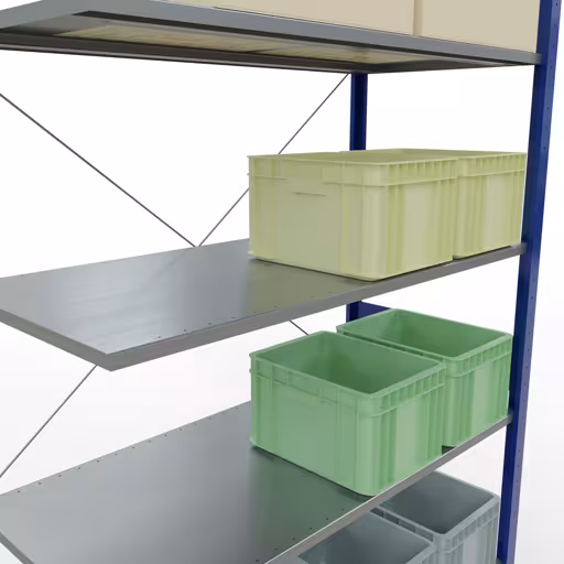 Produktbild Nr.8 des Artikels Anbauregal, Fachbodenregal Stecksystem MULTIplus150, 3000 x 1300 x 600 mm (HxBxT), 7 Fachböden, Kreuzstrebe, RAL 5010 enzianblau/verzinkt aus der Produktreihe Stecksystem von der Marke Schulte Lagertechnik