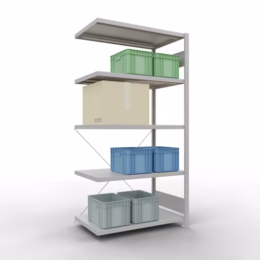 Abbildung Nr 9 des Artikels Anbauregal, Fachbodenregal Stecksystem MULTIplus330, 2000 x 1000 x 600 mm (HxBxT), 5 Fachböden, Kreuzstrebe, RAL 7035 lichtgrau aus der Produktgruppe Stecksystem von der Marke Schulte Lagertechnik