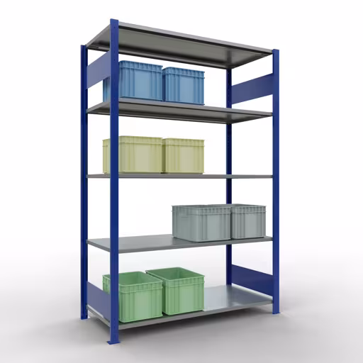 Grundregal, Fachbodenregal Stecksystem MULTIplus150, 2000 x 1300 x 600 mm (HxBxT), 5 Fachböden, Längenriegel, RAL 5010 enzianblau/verzinkt von Schulte Lagertechnik aus der Kategorie Stecksystem