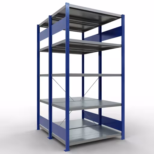 Grundregal, Doppelregal, Fachbodenregal Stecksystem MULTIplus250, 2000 x 1000 x (2x600) mm (HxBxT), 2x5 Fachböden, Kreuzstrebe, RAL 5010 enzianblau aus der Kategorie Doppelregale mit der Artikelnummer 32160-G-B