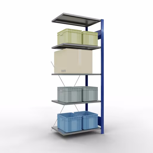 Zusatzbild des Artikels Anbauregal, Fachbodenregal Stecksystem MULTIplus150, 2000 x 750 x 500 mm (HxBxT), 5 Fachböden, Kreuzstrebe, RAL 5010 enzianblau/verzinkt/verzinkt aus Anbauregal