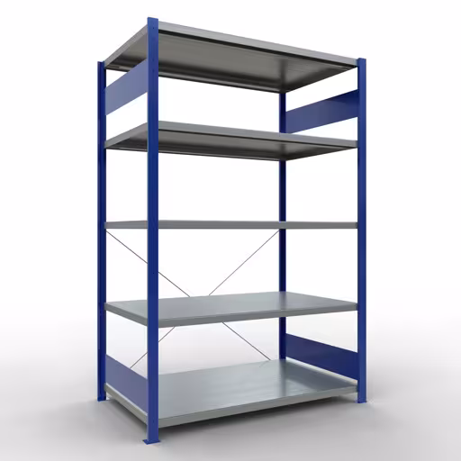 Grundregal, Fachbodenregal Stecksystem MULTIplus250, 2000 x 1300 x 800 mm (HxBxT), 5 Fachböden, Kreuzstrebe, RAL 5010 enzianblau/verzinkt aus der Kategorie Grundregal mit der Artikelnummer 12980-130-B