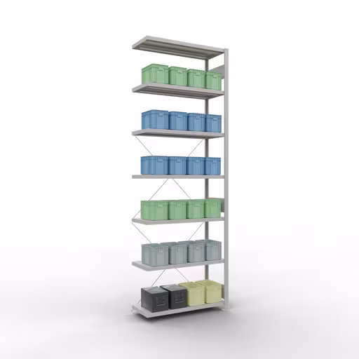Anbauregal, Fachbodenregal Stecksystem MULTIplus250, 3000 x 1000 x 400 mm (HxBxT), 7 Fachböden, Kreuzstrebe, RAL 7035 lichtgrau von Schulte Lagertechnik mit der Artikelnr. 32847
