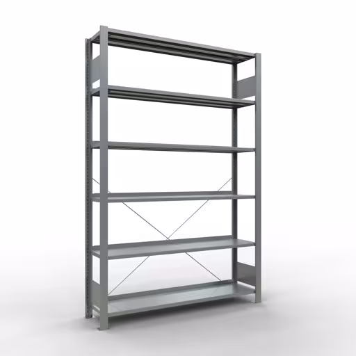 Grundregal, Büro-Fachbodenregal Stecksystem MULTIplus85, 2000 x 1300 x 300 mm (HxBxT), 6 Fachböden, Kreuzstrebe, verzinkt, mit Anschlagleiste von der Marke Schulte Lagertechnik Grundregal, Büro-Fachbodenregal Stecksystem MULTIplus85, 2000 x 1300 x 300 mm (HxBxT), 6 Fachböden, Kreuzstrebe, verzinkt, mit Anschlagleiste aus der Kategorie Stecksystem mit der Artikelnummer 17708