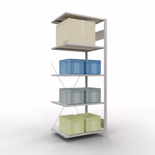 Andere Ansicht des Artikels Anbauregal, Fachbodenregal Stecksystem MULTIplus150, 2000 x 750 x 600 mm (HxBxT), 5 Fachböden, Kreuzstrebe, RAL 7035 lichtgrau aus der Kategorie Stecksystem