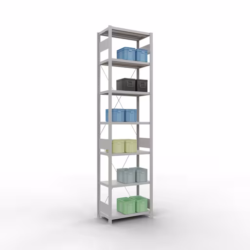 Abbildung Nr 13 des Artikels Grundregal, Fachbodenregal Stecksystem MULTIplus250, 3000 x 750 x 400 mm (HxBxT), 7 Fachböden, Kreuzstrebe, RAL 7035 lichtgrau aus der Produktgruppe Stecksystem von der Marke Schulte Lagertechnik
