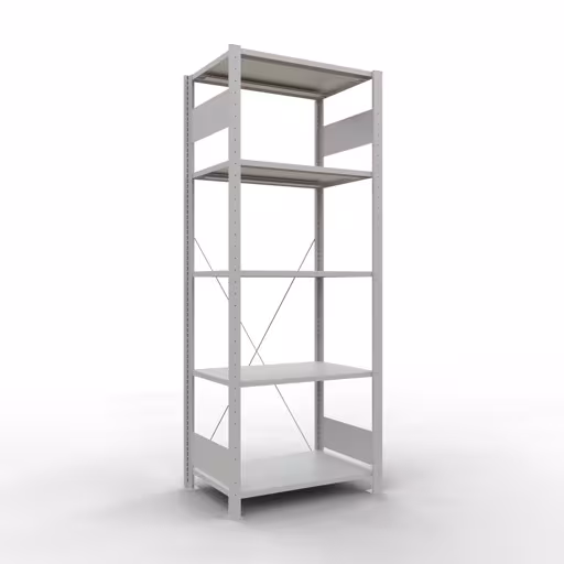Grundregal, Fachbodenregal Stecksystem MULTIplus150, 2000 x 750 x 500 mm (HxBxT), 5 Fachböden, Kreuzstrebe, RAL 7035 lichtgrau aus der Kategorie Grundregal mit der Artikelnummer 32650-75