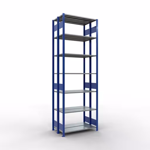 Grundregal, Doppelregal, Fachbodenregal Stecksystem MULTIplus150, 3000 x 1000 x (2x300) mm (HxBxT), 2x7 Fachböden, Längenriegel, RAL 5010 enzianblau aus der Kategorie Doppelregale mit der Artikelnummer 33132-B