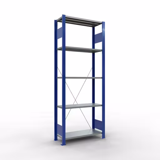 Grundregal, Fachbodenregal Stecksystem MULTIplus150, 2000 x 750 x 300 mm (HxBxT), 5 Fachböden, Kreuzstrebe, RAL 5010 enzianblau/verzinkt/verzinkt aus der Kategorie Grundregal mit der Artikelnummer 12730-75-B