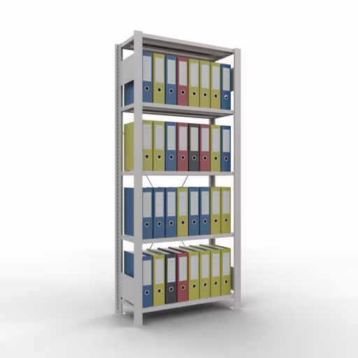 Grundregal, Büro-Fachbodenregal Stecksystem MULTIplus85, 1800 x 750 x 300 mm (HxBxT), 5 Fachböden, Kreuzstrebe, ohne Anschlagleiste, lichtgrau von Schulte Lagertechnik mit der Artikelnr. 36018