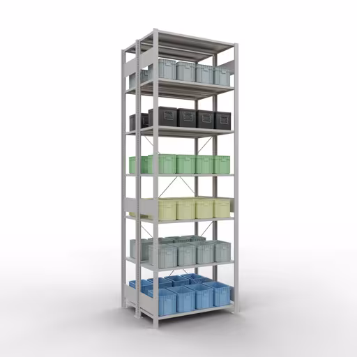 Produktbild Nr.8 des Artikels Grundregal, Doppelregal, Fachbodenregal Stecksystem MULTIplus150, 3000 x 1000 x (2x800) mm (HxBxT), 2x7 Fachböden, Kreuzstrebe, RAL 7035 lichtgrau aus der Produktreihe Fachbodenregale von der Marke Schulte Lagertechnik