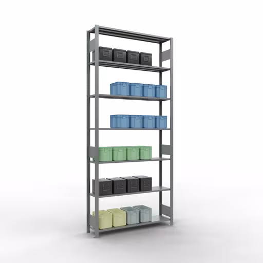 Zusatzbild des Artikels Grundregal, Fachbodenregal Stecksystem MULTIplus150, 3000 x 1300 x 300 mm (HxBxT), 7 Fachböden, Längenriegel, verzinkt aus Grundregal