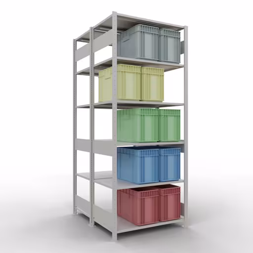 Grundregal, Doppelregal, Fachbodenregal Stecksystem MULTIplus150, 2500 x 1000 x (2x600) mm (HxBxT), 2x6 Fachböden, Längenriegel, RAL 7035 lichtgrau von der Marke Schulte Lagertechnik aus der Produktreihe Fachbodenregale