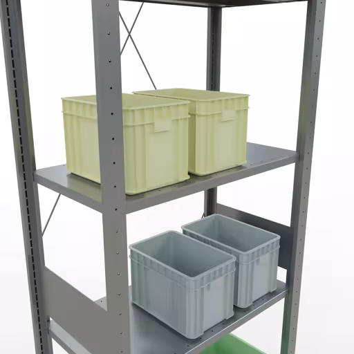 Andere Ansicht des Artikels Grundregal, Fachbodenregal Stecksystem MULTIplus150, 3000 x 750 x 400 mm (HxBxT), 7 Fachböden, Kreuzstrebe, verzinkt aus der Kategorie Stecksystem