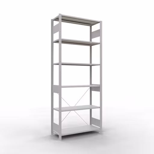 Grundregal, Fachbodenregal Stecksystem MULTIplus150, 2500 x 1000 x 400 mm (HxBxT), 6 Fachböden, Kreuzstrebe, RAL 7035 lichtgrau aus der Kategorie Grundregal mit der Artikelnummer 32641