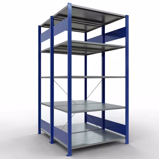 Grundregal, Doppelregal, Fachbodenregal Stecksystem MULTIplus150, 2000 x 1000 x (2x600) mm (HxBxT), 2x5 Fachböden, Kreuzstrebe, RAL 5010 enzianblau aus der Kategorie Doppelregale mit der Artikelnummer 32760-B