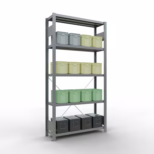 Produktbild Nr.6 des Artikels Grundregal, Fachbodenregal Stecksystem MULTIplus250, 2000 x 1000 x 300 mm (HxBxT), 5 Fachböden, Kreuzstrebe, verzinkt aus der Produktreihe Stecksystem von der Marke Schulte Lagertechnik
