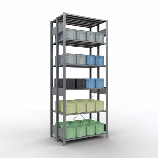 Abbildung Nr 12 des Artikels Grundregal, Doppelregal, Fachbodenregal Stecksystem MULTIplus150, 2500 x 1000 x (2x300) mm (HxBxT), 2x6 Fachböden, Kreuzstrebe, verzinkt aus der Produktgruppe Fachbodenregale von der Marke Schulte Lagertechnik