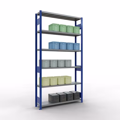 Produktbild Nr 13 des Artikels Grundregal, Fachbodenregal Stecksystem MULTIplus250, 2500 x 1300 x 300 mm (HxBxT), 6 Fachböden, Längenriegel, RAL 5010 enzianblau/verzinkt Abbildung Nr 13 des Artikels Grundregal, Fachbodenregal Stecksystem MULTIplus250, 2500 x 1300 x 300 mm (HxBxT), 6 Fachböden, Längenriegel, RAL 5010 enzianblau/verzinkt aus der Produktgruppe Stecksystem von der Marke Schulte Lagertechnik