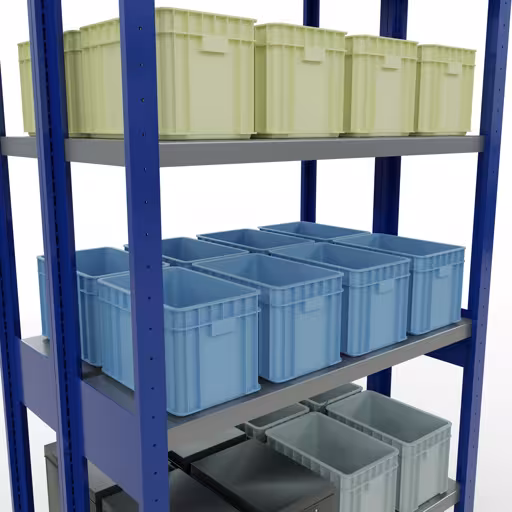 Abbildung Nr 12 des Artikels Grundregal, Doppelregal, Fachbodenregal Stecksystem MULTIplus250, 2500 x 1000 x (2x300) mm (HxBxT), 2x6 Fachböden, Kreuzstrebe, RAL 5010 enzianblau aus der Produktgruppe Fachbodenregale von der Marke Schulte Lagertechnik
