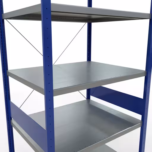Zusatzbild des Artikels Grundregal, Fachbodenregal Stecksystem MULTIplus250, 3000 x 1000 x 800 mm (HxBxT), 7 Fachböden, Kreuzstrebe, RAL 5010 enzianblau/verzinkt aus Grundregal