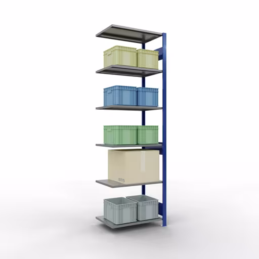 Anbauregal, Fachbodenregal Stecksystem MULTIplus150, 2500 x 750 x 500 mm (HxBxT), 6 Fachböden, Längenriegel, RAL 5010 enzianblau/verzinkt/verzinkt von Schulte Lagertechnik mit der Artikelnr. 12756-75-LR-B