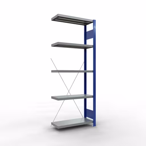Anbauregal, Fachbodenregal Stecksystem MULTIplus250, 2000 x 750 x 300 mm (HxBxT), 5 Fachböden, Kreuzstrebe, RAL 5010 enzianblau/verzinkt/verzinkt aus der Kategorie Anbauregal mit der Artikelnummer 12935-75-B