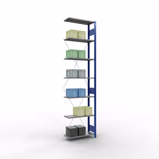 Anbauregal, Fachbodenregal Stecksystem MULTIplus150, 3000 x 750 x 300 mm (HxBxT), 7 Fachböden, Kreuzstrebe, RAL 5010 enzianblau/verzinkt/verzinkt mit der GTIN 4004514279859 Anbauregal, Fachbodenregal Stecksystem MULTIplus150, 3000 x 750 x 300 mm (HxBxT), 7 Fachböden, Kreuzstrebe, RAL 5010 enzianblau/verzinkt/verzinkt von Schulte Lagertechnik mit der Artikelnr. 12737-75-B