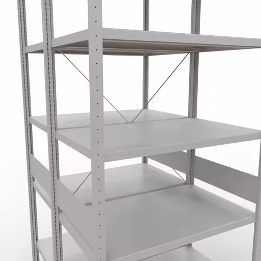 Zusatzbild des Artikels Grundregal, Doppelregal, Fachbodenregal Stecksystem MULTIplus250, 3000 x 1000 x (2x600) mm (HxBxT), 2x7 Fachböden, Kreuzstrebe, RAL 7035 lichtgrau aus Doppelregale