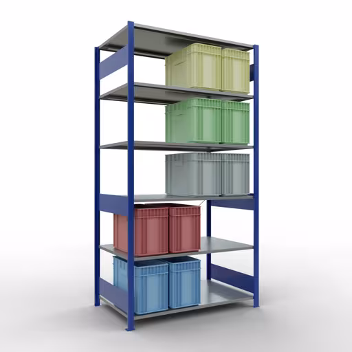 Grundregal, Fachbodenregal Stecksystem MULTIplus150, 2500 x 1300 x 800 mm (HxBxT), 6 Fachböden, Kreuzstrebe, RAL 5010 enzianblau/verzinkt von Schulte Lagertechnik aus der Kategorie Stecksystem
