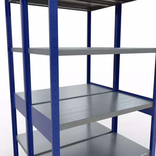 Andere Ansicht des Artikels Grundregal, Doppelregal, Fachbodenregal Stecksystem MULTIplus250, 2500 x 1000 x (2x500) mm (HxBxT), 2x6 Fachböden, Längenriegel, RAL 5010 enzianblau aus der Kategorie Fachbodenregale