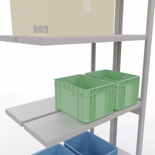 Zusatzbild des Artikels Anbauregal, Doppelregal, Fachbodenregal Stecksystem MULTIplus250, 3000 x 1000 x (2x300) mm (HxBxT), 2x7 Fachböden, Längenriegel, RAL 7035 lichtgrau aus Doppelregale