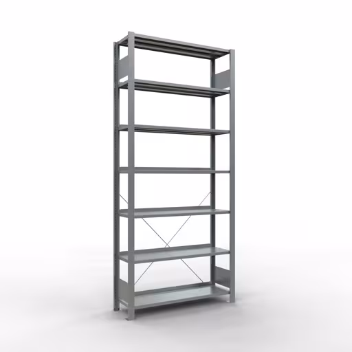 Grundregal, Büro-Fachbodenregal Stecksystem MULTIplus85, 2300 x 1000 x 300 mm (HxBxT), 7 Fachböden, Kreuzstrebe, verzinkt, mit Anschlagleiste aus der Kategorie Stecksystem mit der Artikelnummer 17713