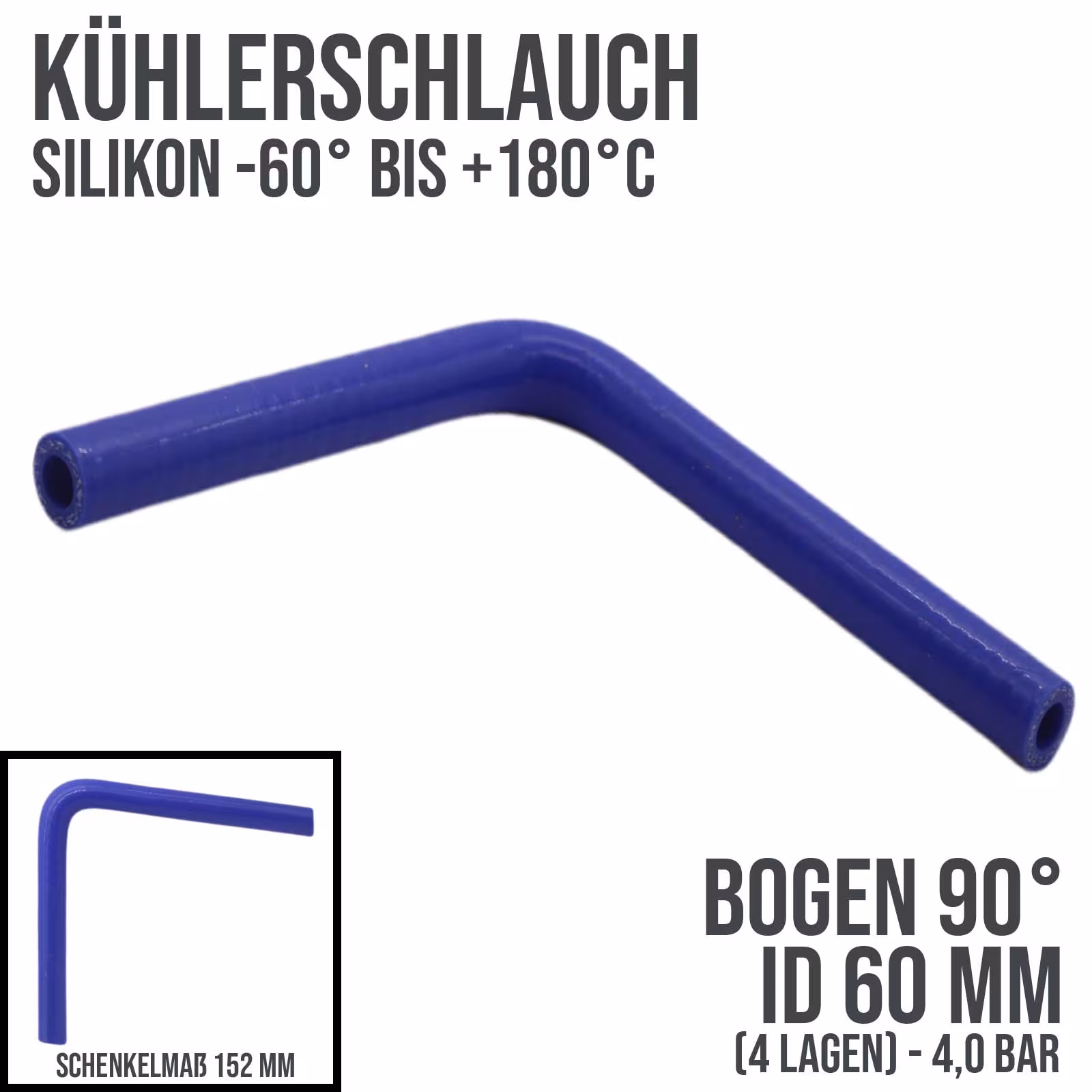 60 x 70 mm Kühlerschlauch Silikon Bogen 90° LLK Ladeluft Kühlmittel Schlauch universal blau (4,0 bar) - 152mm aus der Kategorie Kühlwasserschläuche mit der Artikelnummer KSB060-090-152GA