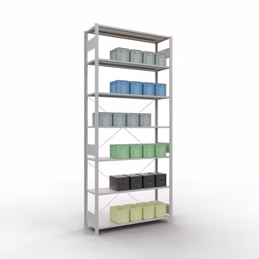 Stecksystem Grundregal 3000x1300x400 mm, Typ 150 kg, lichtgrau mit der GTIN 4004514292810 Stecksystem Grundregal 3000x1300x400 mm, Typ 150 kg, lichtgrau von Schulte Lagertechnik mit der Artikelnr. 32642-130