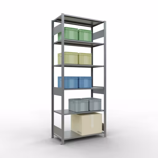 Grundregal, Fachbodenregal Stecksystem MULTIplus150, 2500 x 1000 x 500 mm (HxBxT), 6 Fachböden, Längenriegel, verzinkt mit der GTIN 4004514280466 Grundregal, Fachbodenregal Stecksystem MULTIplus150, 2500 x 1000 x 500 mm (HxBxT), 6 Fachböden, Längenriegel, verzinkt von Schulte Lagertechnik mit der Artikelnr. 12751-LR