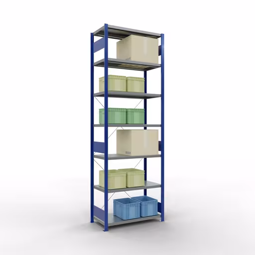 Abbildung Nr 15 des Artikels Grundregal, Fachbodenregal Stecksystem MULTIplus330, 3000 x 1000 x 500 mm (HxBxT), 7 Fachböden, Kreuzstrebe, RAL 5010 enzianblau/verzinkt aus der Produktgruppe Stecksystem von der Marke Schulte Lagertechnik