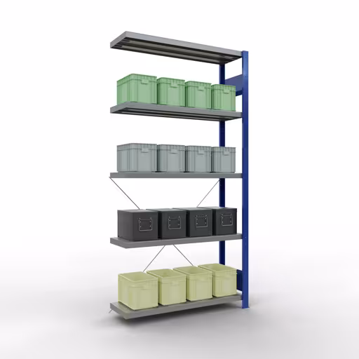 Abbildung Nr 12 des Artikels Anbauregal, Fachbodenregal Stecksystem MULTIplus330, 2000 x 1000 x 300 mm (HxBxT), 5 Fachböden, Kreuzstrebe, RAL 5010 enzianblau/verzinkt aus der Produktgruppe Stecksystem von der Marke Schulte Lagertechnik
