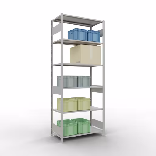 Zusatzbild des Artikels Grundregal, Fachbodenregal Stecksystem MULTIplus150, 2500 x 1000 x 500 mm (HxBxT), 6 Fachböden, Längenriegel, RAL 7035 lichtgrau aus Grundregal