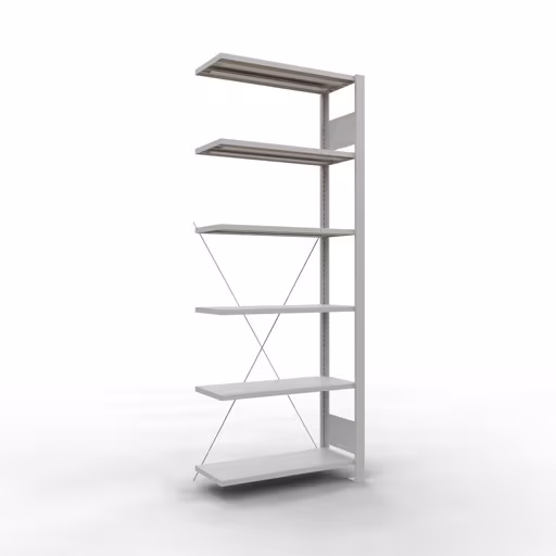Anbauregal, Büro-Fachbodenregal Stecksystem MULTIplus85, 2000 x 750 x 300 mm (HxBxT), 6 Fachböden, Kreuzstrebe, ohne Anschlagleiste, lichtgrau von der Marke Schulte Lagertechnik Anbauregal, Büro-Fachbodenregal Stecksystem MULTIplus85, 2000 x 750 x 300 mm (HxBxT), 6 Fachböden, Kreuzstrebe, ohne Anschlagleiste, lichtgrau aus der Kategorie Stecksystem mit der Artikelnummer 36027