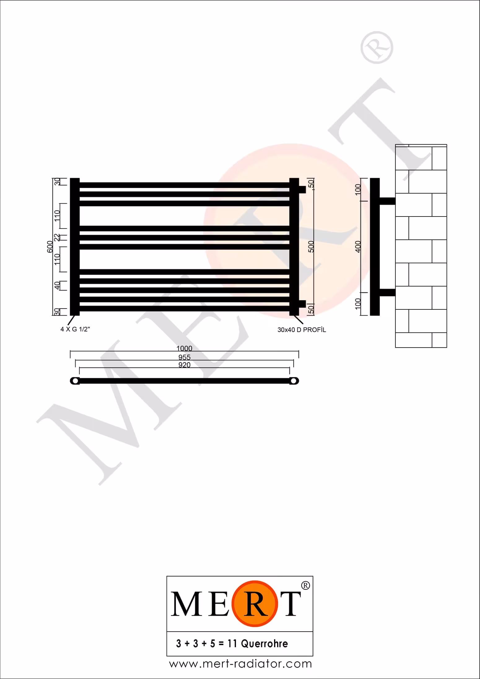 MERT Austausch Badheizkörper weiß gerade, 1000*600 mm, Anschluss an der Seite 500 mm von der Marke MERT aus der Kategorie Heizkörper