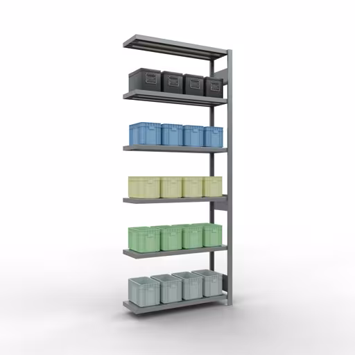 Produktbild Nr 13 des Artikels Anbauregal, Fachbodenregal Stecksystem MULTIplus330, 2500 x 1000 x 300 mm (HxBxT), 6 Fachböden, Längenriegel, verzinkt Abbildung Nr 13 des Artikels Anbauregal, Fachbodenregal Stecksystem MULTIplus330, 2500 x 1000 x 300 mm (HxBxT), 6 Fachböden, Längenriegel, verzinkt aus der Produktgruppe Stecksystem von der Marke Schulte Lagertechnik