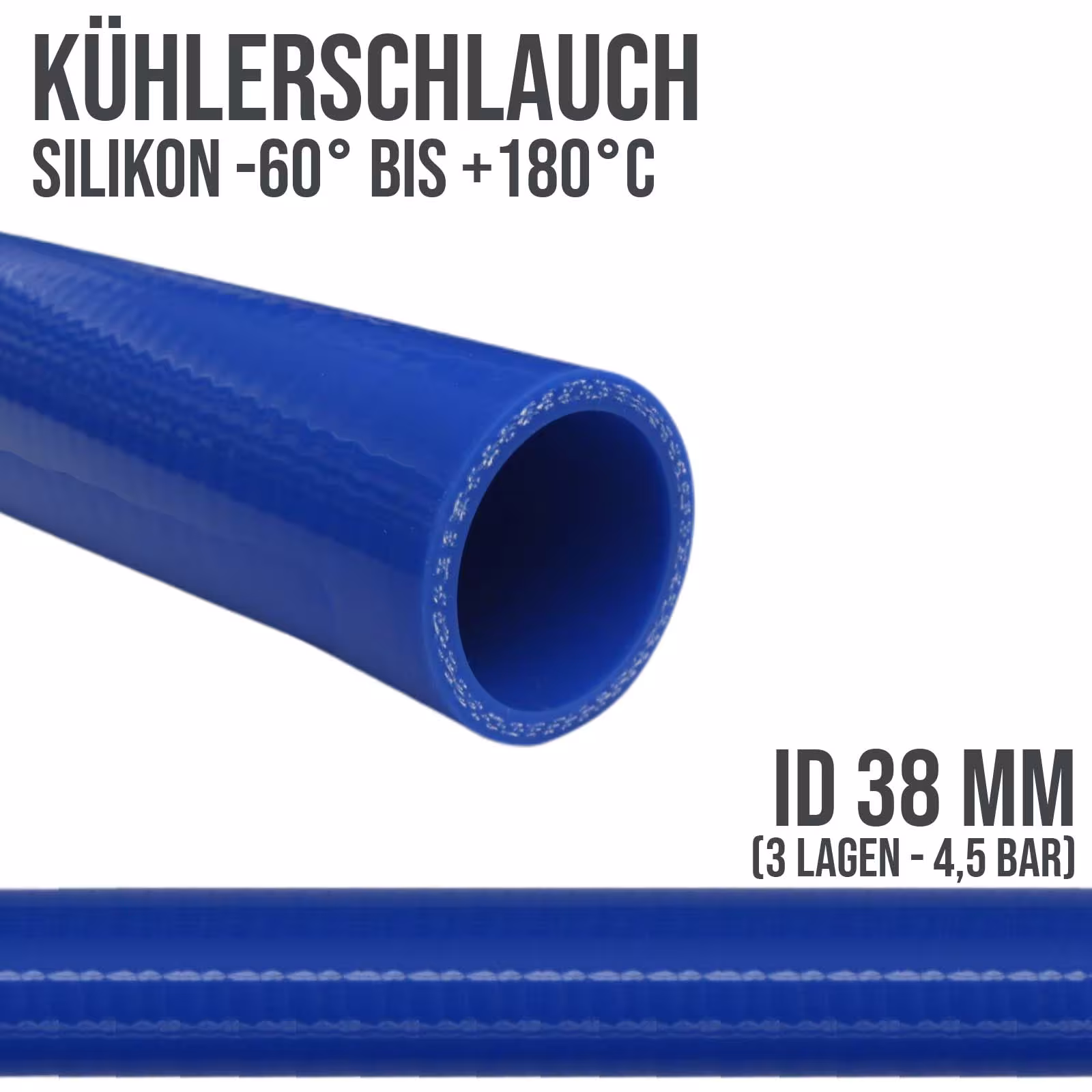 38 x 46 mm Kühler Silikon LLK Ladeluft Kühlmittel Schlauch blau PN 4,5 bar - Fixlänge 1 m aus der Kategorie Kühlwasserschläuche mit der Artikelnummer KSS038-1000GA