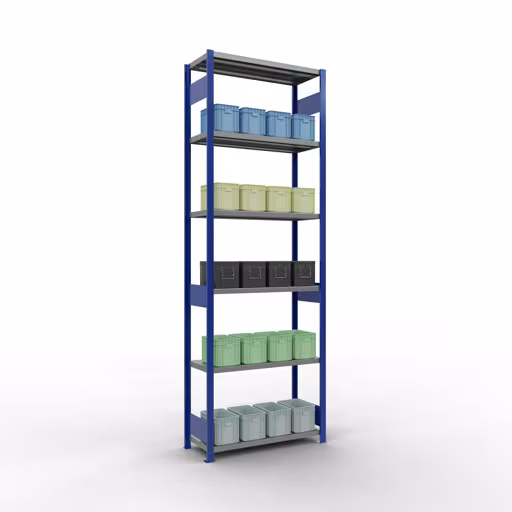 Abbildung Nr 12 des Artikels Grundregal, Fachbodenregal Stecksystem MULTIplus250, 3000 x 1000 x 400 mm (HxBxT), 7 Fachböden, Längenriegel, RAL 5010 enzianblau/verzinkt aus der Produktgruppe Stecksystem von der Marke Schulte Lagertechnik