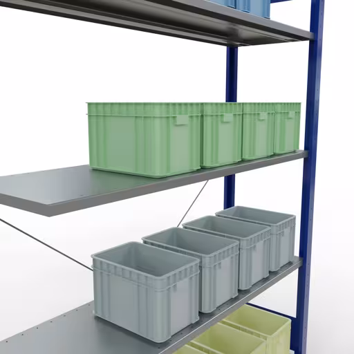 Produktbild Nr.8 des Artikels Anbauregal, Fachbodenregal Stecksystem MULTIplus150, 2000 x 1300 x 400 mm (HxBxT), 5 Fachböden, Kreuzstrebe, RAL 5010 enzianblau/verzinkt aus der Produktreihe Stecksystem von der Marke Schulte Lagertechnik