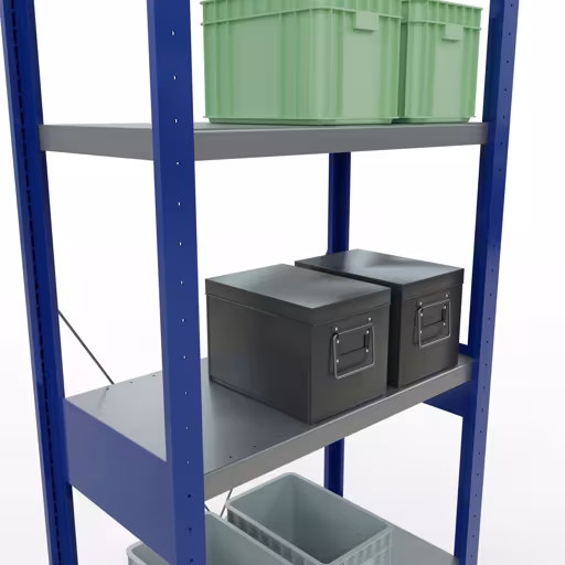 Grundregal, Fachbodenregal Stecksystem MULTIplus250, 2500 x 750 x 400 mm (HxBxT), 6 Fachböden, Kreuzstrebe, RAL 5010 enzianblau/verzinkt/verzinkt von der Marke Schulte Lagertechnik aus der Produktreihe Stecksystem