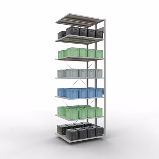 Andere Ansicht des Artikels Anbauregal, Doppelregal, Fachbodenregal Stecksystem MULTIplus150, 3000 x 1000 x (2x800) mm (HxBxT), 2x7 Fachböden, Kreuzstrebe, RAL 7035 lichtgrau aus der Kategorie Fachbodenregale